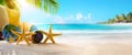 Honeymoon vacation on Sunny Tropical Sandy Beach With Palm Leaves And Paradise Island