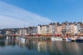 Harbor of Honfleur, France, Normandy, traditional houses and boats in the old harbor basin Royalty Free Stock Photo