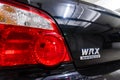 Hong Kong, Hong Kong - 25 April 2018: Close-up of Subaru logo badge and taillights on the rear of a black Subaru WRX