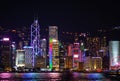 Hong Kong, August 2018. Night View of Hong Kong City Skyscrapers with Flashing Lights from Victoria Harbour Music Show Royalty Free Stock Photo