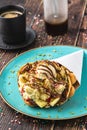 Hong kong or bubble waffle with ice cream, fruits, chocolate sauce and colorful candy Royalty Free Stock Photo