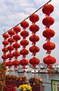 Hong Kong, China - February 3, 2019: Red Chinese lantern garland decorations adorn Hong Kong streets on Chinese New year
