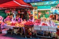 Various sorts of ripe fresh fruits at Lady`s Market in Hong Kong. Night view