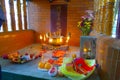 HONG KONG, CHINA - JANUARY 26, 2017: Beautiful and colorful indoor room of the Tsz wan temple, in Hong Kong