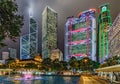 Hong Kong night cityscape. Bank of China Tower, Cheung Kong Centre, HSBC Main Building, Standard Chartered Bank