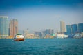 HONG KONG, CHINA - JANUARY 26, 2017: Seabus with a beautiful view of Hong Kong in the horizont, with a skyscrapers and modern buil Royalty Free Stock Photo