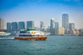 HONG KONG, CHINA - JANUARY 26, 2017: Seabus with a beautiful view of Hong Kong in the horizont, with a skyscrapers and modern buil Royalty Free Stock Photo