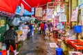 Hong Kong, China - January 18, 2016: Hong Kong street markets abound with fresh meat and fish. Evening view of typical Hong Kong