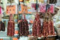 Selection of dried sausages at Tai Po Market, Hong Kong China