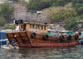 Closeup of fishing sampan in harbor of Hong Kong, China