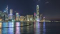 Hong Kong, China skyline panorama with skyscrapers at night from across Victoria Harbor timelapse.