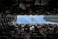 Hong Kong city residences area. Low angle view image of a crowded residential building in community with airplane flying over in Royalty Free Stock Photo