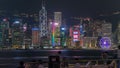 Hong Kong city skyline at night over Victoria Harbor with clear sky and urban skyscrapers timelapse hyperlapse. Royalty Free Stock Photo