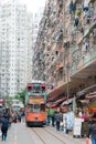 Double-decker trams. Double-deck electric tram moving on the street of Hong Kong.