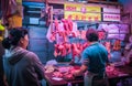 Hong Kong, Dec. 2013: Streetside butchers cut up pork for sale at Fa Yuen Street market in Mong Kok Royalty Free Stock Photo