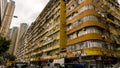 Hong Kong - December 2019 : Brown Tenement Houses, Old Residential Buildings in Tai Kok Tsui, Hong Kong, Low Angle View