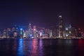 Hong Kong - December 9, 2017. New year and Christmas skyline shines landmark at Victoria harbour night scene with fog in Hong