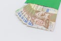 Hong Kong dollar bank notes money in green envelope on white background, Five Hundred Hong kong Dollars Royalty Free Stock Photo