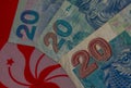 Hong Kong dollar banknotes with the national flag background
