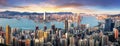 Hong Kong at dramatic sunset, China skyline - aerial view Royalty Free Stock Photo