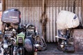 24-4-2022, Hong Kong: Group of used old engine of speed boats in front of a repairing shop Royalty Free Stock Photo