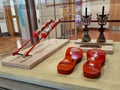 Hong Kong History Museum Bride Groom Couple Lucky Candle Holders Shoes Wooden Slippers Present Bridewealth Downey Red Lacquer Gift