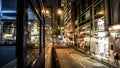 Hong Kong illuminated neon night view from inside tram rail