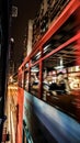 Hong Kong illuminated neon night view from inside tram rail