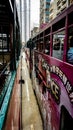 Hong Kong illuminated neon night view from inside tram rail