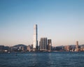 Hong Kong International Commerce Centre skyscraper seascape at sunset. ICC, the tallest building in Hong Kong, is seen from river