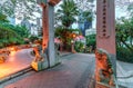 Hong Kong Zoological and Botanical Gardens in Central District. Entrance arch with lion sculptures