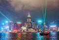 Night Hong Kong skyline view from Tsim Tsa Tsui waterfront across Victoria Harbor during Symphony of Light performance