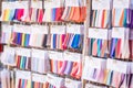 Hong Kong 15 Jun 2019: Packs of color sample of fabric factory in Sham Shui Po