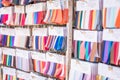 Hong Kong 15 Jun 2019: Packs of color sample of fabric factory in Sham Shui Po