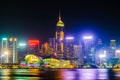 Hong Kong landscape at night Consists of a building decorated with colorful lights.