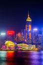 Hong Kong landscape at night Consists of a building decorated with colorful lights.