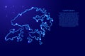 Hong Kong map from the contour classic blue color brush lines different thickness and glowing stars on dark background. Vector