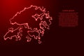 Hong Kong map from the contour red brush lines different thickness and glowing stars on dark background. Vector illustration