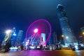 Hong Kong - May, 2019: Hong Kong Observation Wheel with skyscrapers near central piers. Long exposure abstract night image