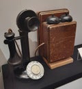 Hong Kong Museum of History Antique Telephone Ancient Telecommunications Device Microphon Wall Mounted Wooden Receiver Phone Royalty Free Stock Photo