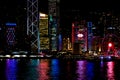 Hong Kong at night. Central pier, ferris wheel, colorful advertising, chinese ideographs, beautiful reflections Royalty Free Stock Photo