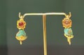 Hong Kong Palace Museum Yuan Dynasty Antique Earrings Gold Turquoise Agate Inlay Gemstone Floral Jewelry Design