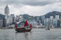 Hong Kong, SAR China - circa July 2015: Chinese junk boat sails in Victoria Harbour, Hong Kong