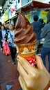 Hong Kong, September 2021. Someone holds a McDonald's ice cream with chocolate flavor