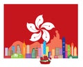 Hong Kong Skyline and Buddha Statue in HK Flag Vector Illustration Royalty Free Stock Photo