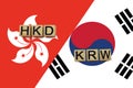 Hong Kong and South Korea currencies codes on national flags background