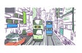 Hong kong street vector illustration tram watercolor