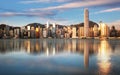 Hong Kong at sunrise with reflection, Financial downtow with skyscrapers