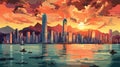 Hong-Kong at sunset - illustration retro style - made with Generative AI tools Royalty Free Stock Photo