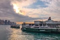Hong Kong traditional vintage ferry near the city pier with dramantic sky Royalty Free Stock Photo